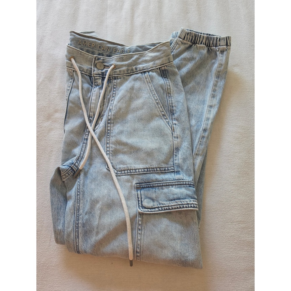 American Eagle Light Wash Denim Cargo Joggers Kids Size 00 Drawstring Waist